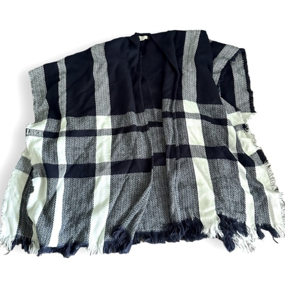 Ann Taylor Loft Navy Plaid And Herringbone Pattern Blanket Poncho Wrap